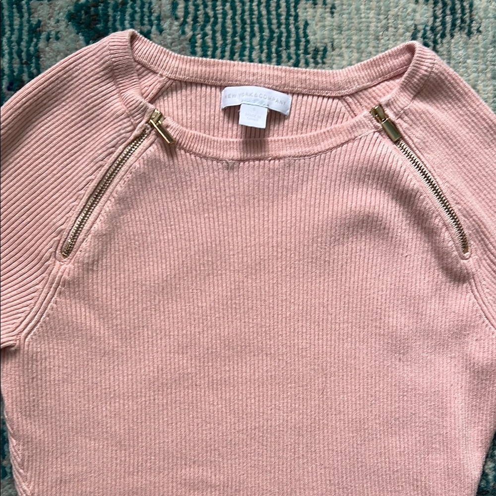 New York & Company Pink Sweater with Gold Zippers
